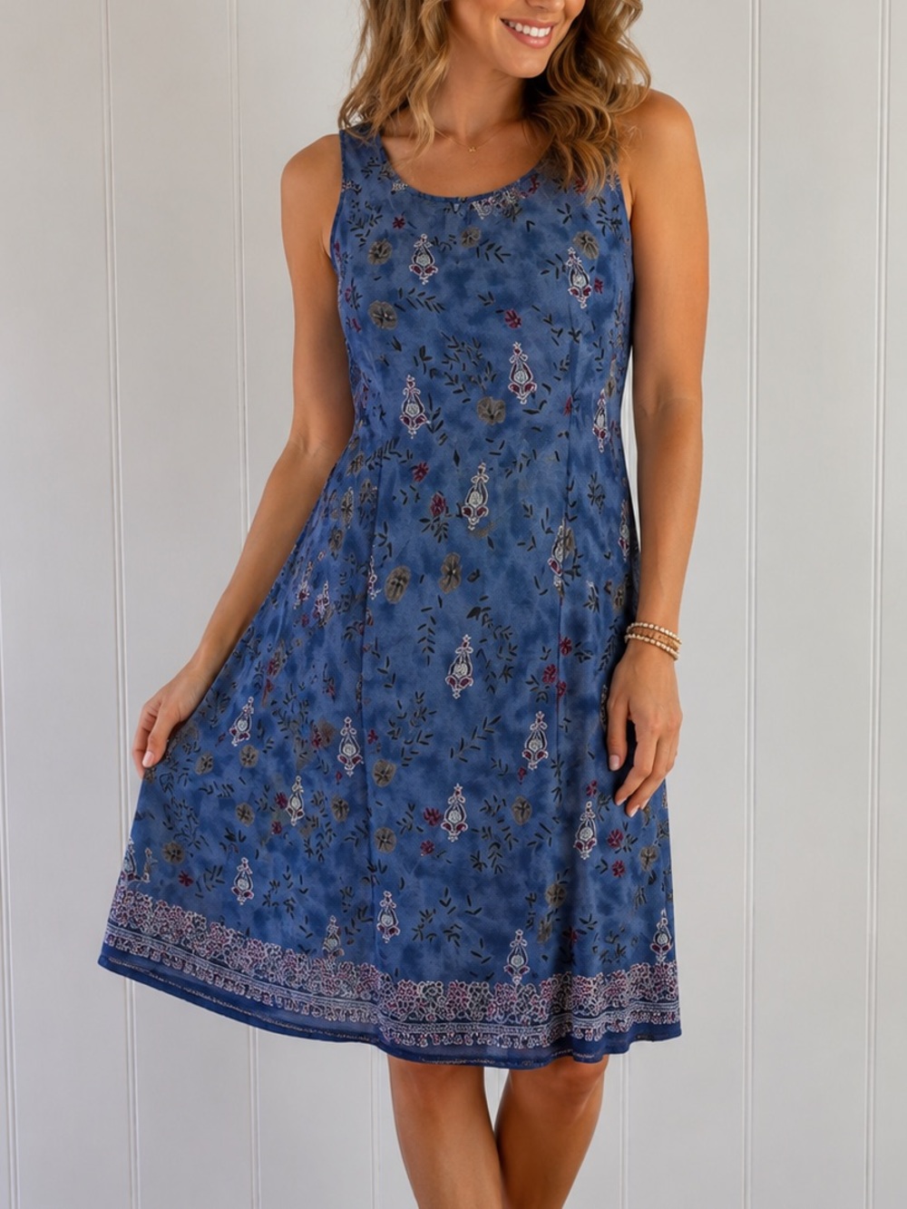 Vintage Cottagecore Prairie Blue Floral Paisley Sleeveless Dress Size M